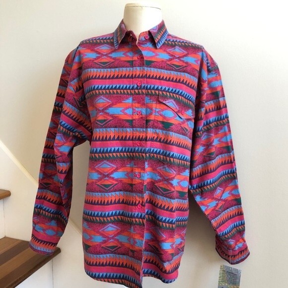 Wrangler Shirt Womens XL Pink Blue 90s Southwestern Western Aztec Vintage New - Picture 2 of 16